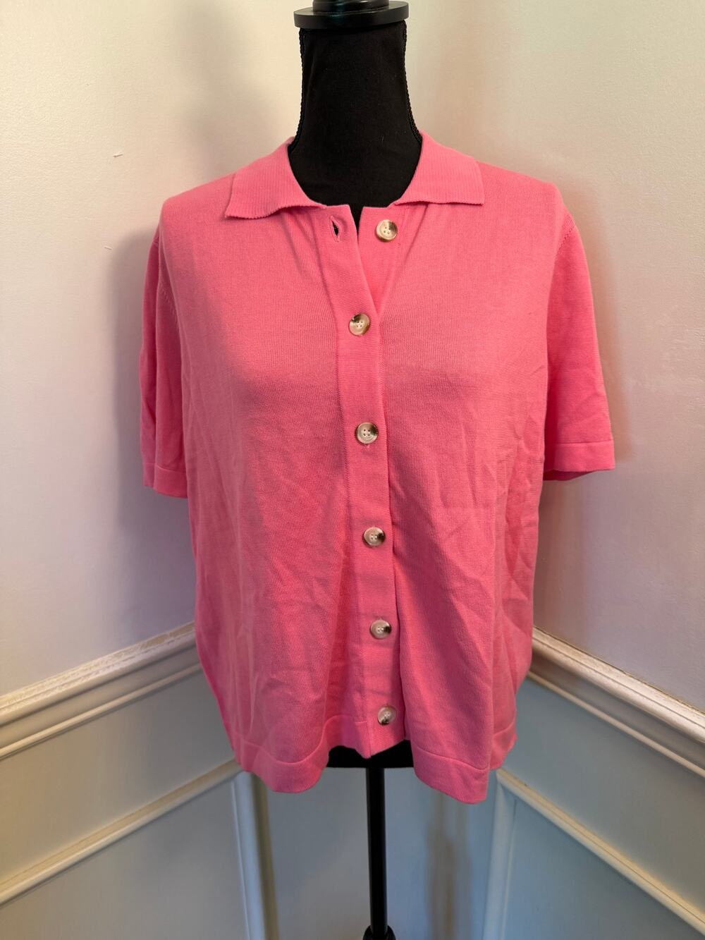 Edinburgh Knitwear 100% Pima Cotton Short Sleeve Button-Up Knit Polo Top Pink